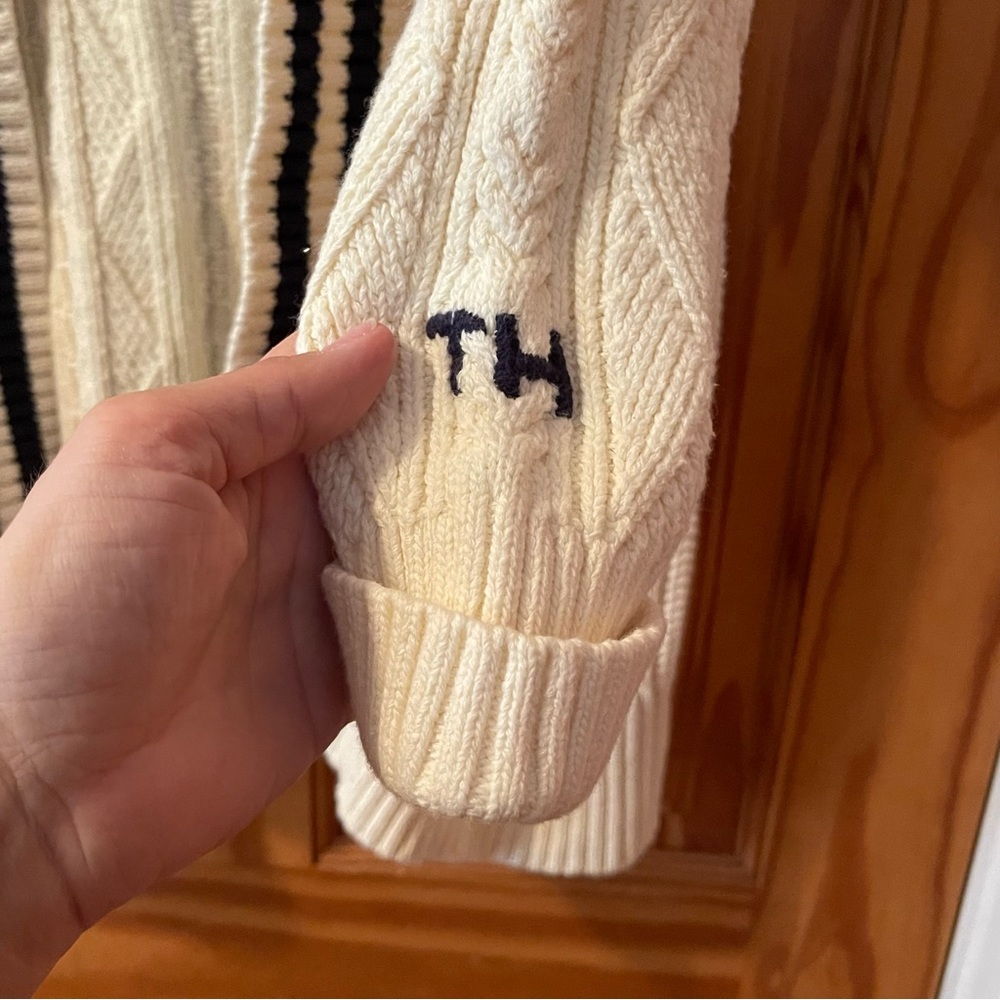 Tommy Hilfiger Cream Cable-Knit Open Cardigan with Navy Stripe Trim - Picture 4 of 9